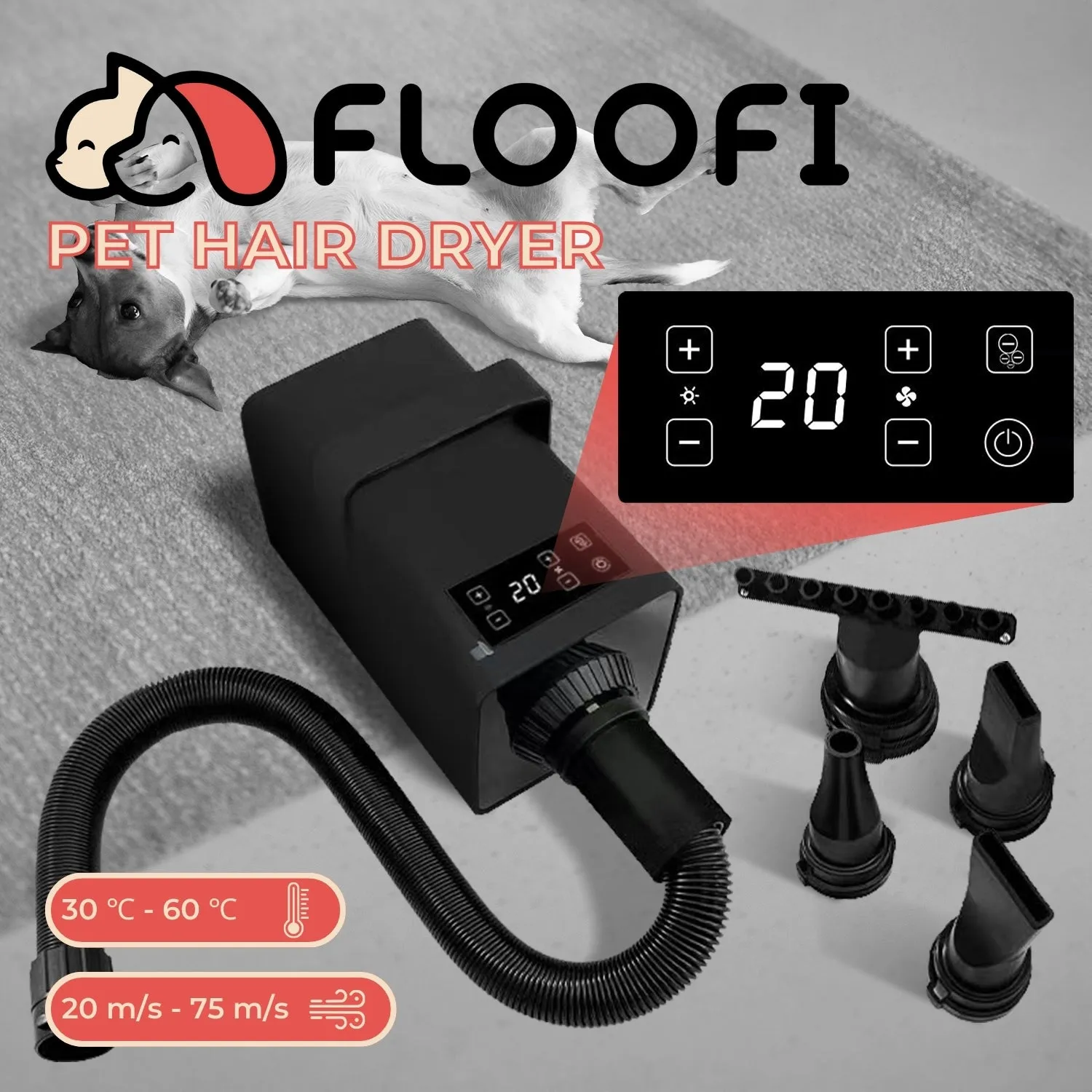 Customizable Pet Hair Dryer with LCD & Touch, 3200W - FLOOFI