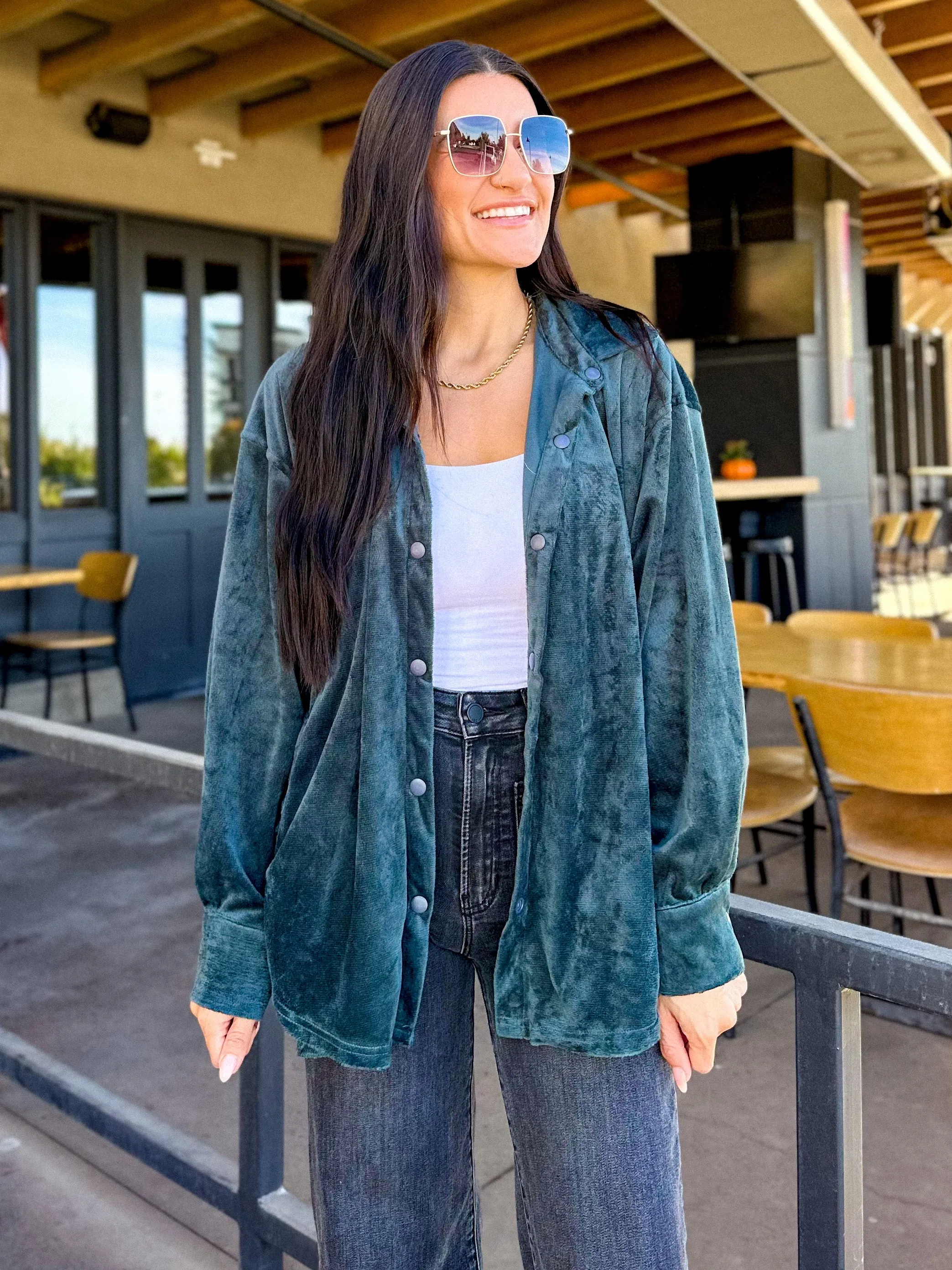 Dark Green Velvet Button Down Shacket