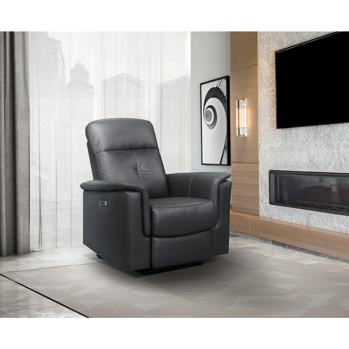 Dark Grey Power Glider Recliner with USB Charging - Leather Match