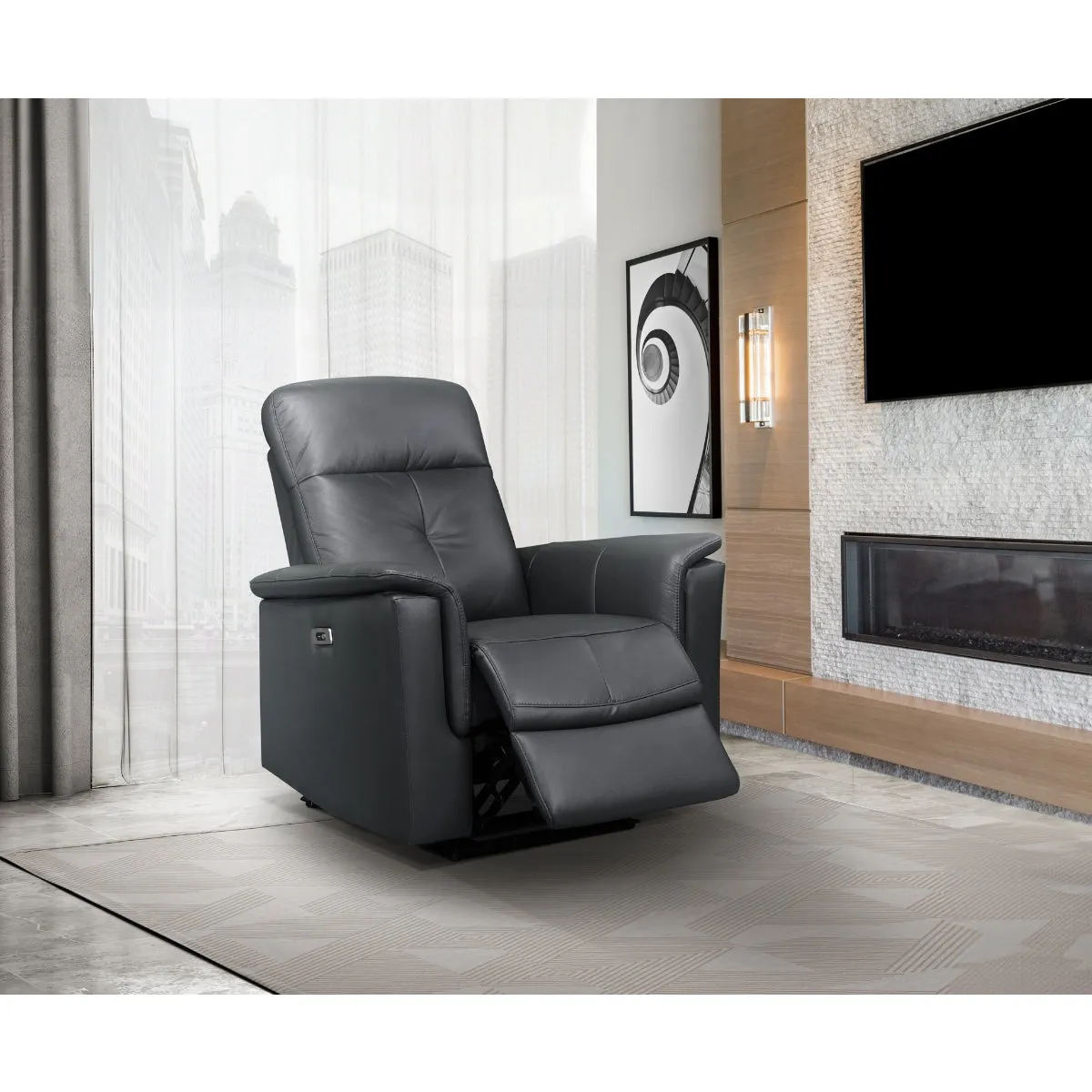 Dark Grey Power Glider Recliner with USB Charging - Leather Match