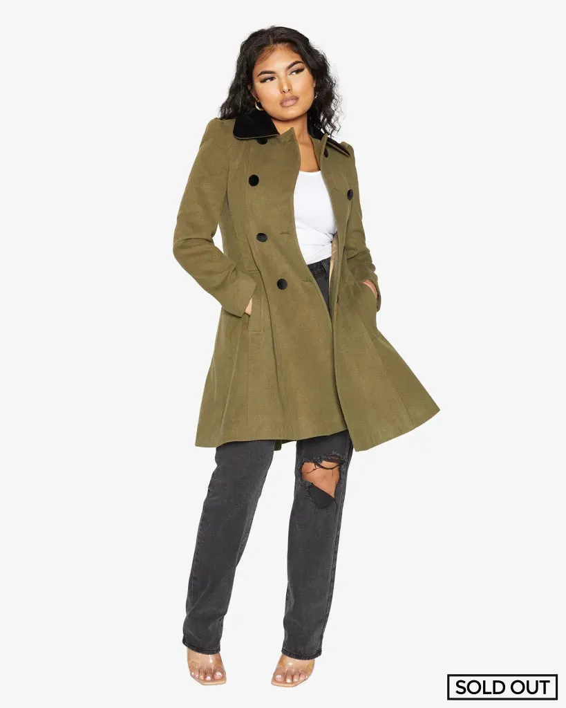 De La Creme Womens Double Breasted Velvet Trim Skater Coat