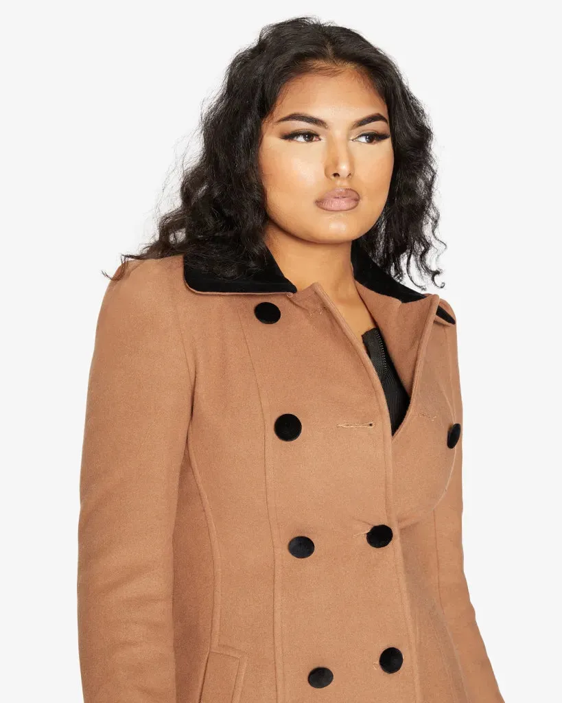 De La Creme Womens Double Breasted Velvet Trim Skater Coat