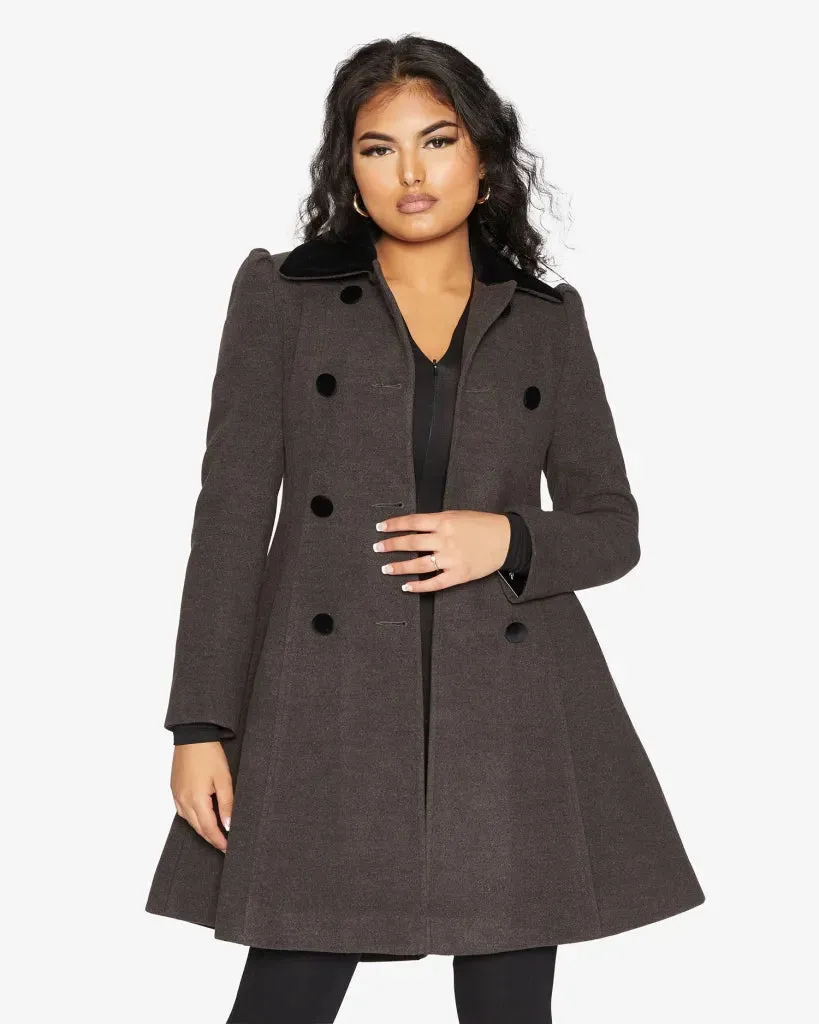 De La Creme Womens Double Breasted Velvet Trim Skater Coat