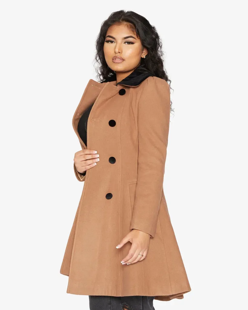 De La Creme Womens Double Breasted Velvet Trim Skater Coat