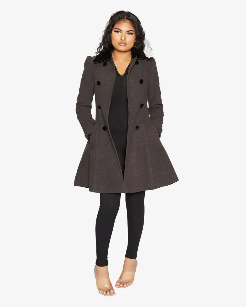 De La Creme Womens Double Breasted Velvet Trim Skater Coat