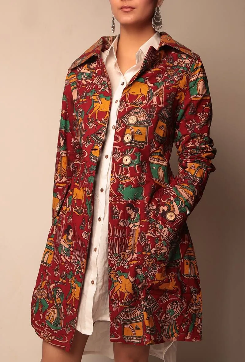 Deep Red Kalamkari Trench Coat With Wooden Buttons