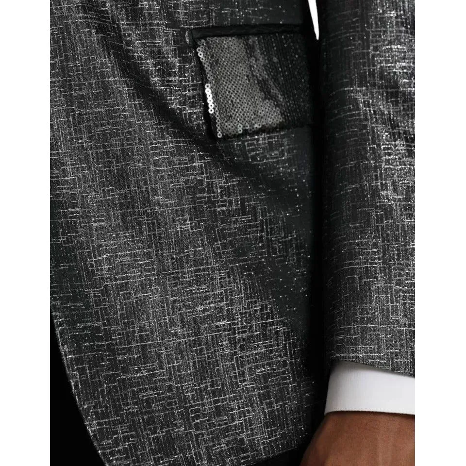 Dolce & Gabbana Black Silver Silk Single Breasted Coat Blazer