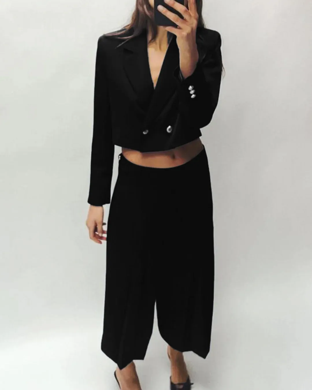 Double-Breasted Front Buttoned Blazer & Pleated Elegant Style Culottes In Black