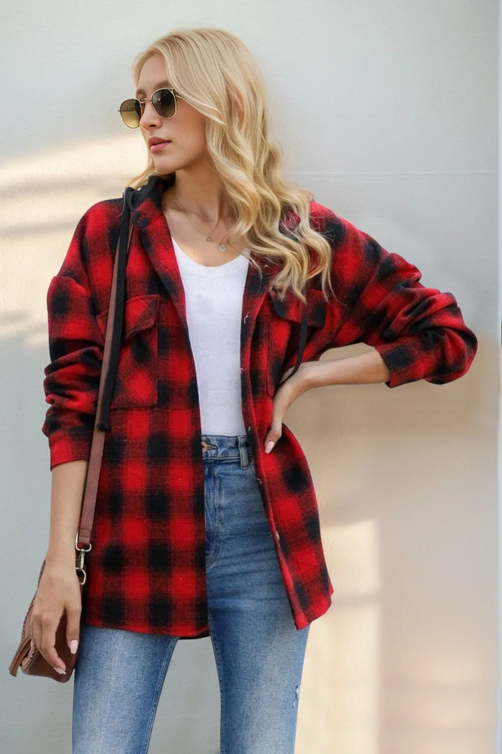 Drawstring Plaid Long Sleeve Hooded Shacket