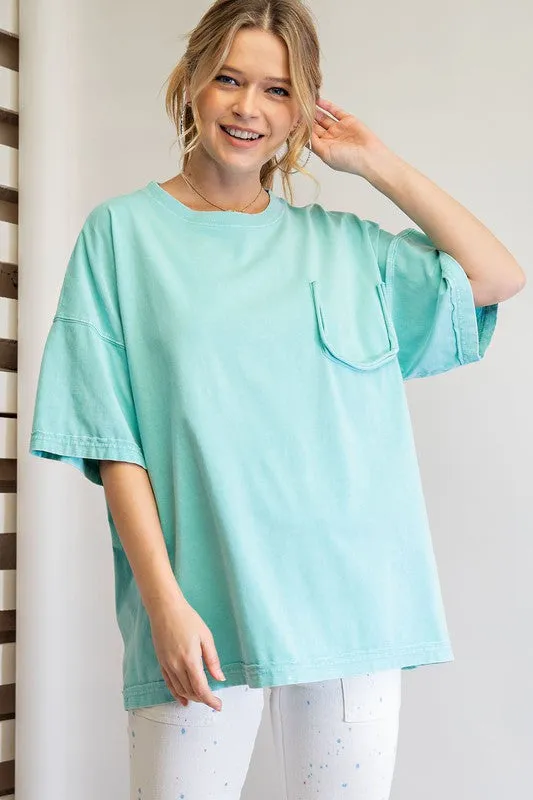 Easel Short Sleeve Mineral Wash Tunic Top in Aqua FINAL SALE