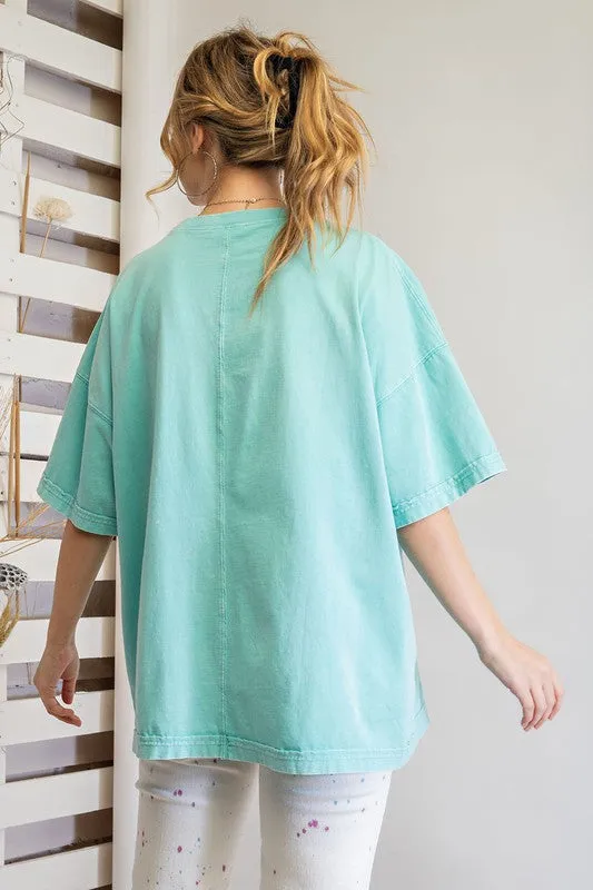 Easel Short Sleeve Mineral Wash Tunic Top in Aqua FINAL SALE