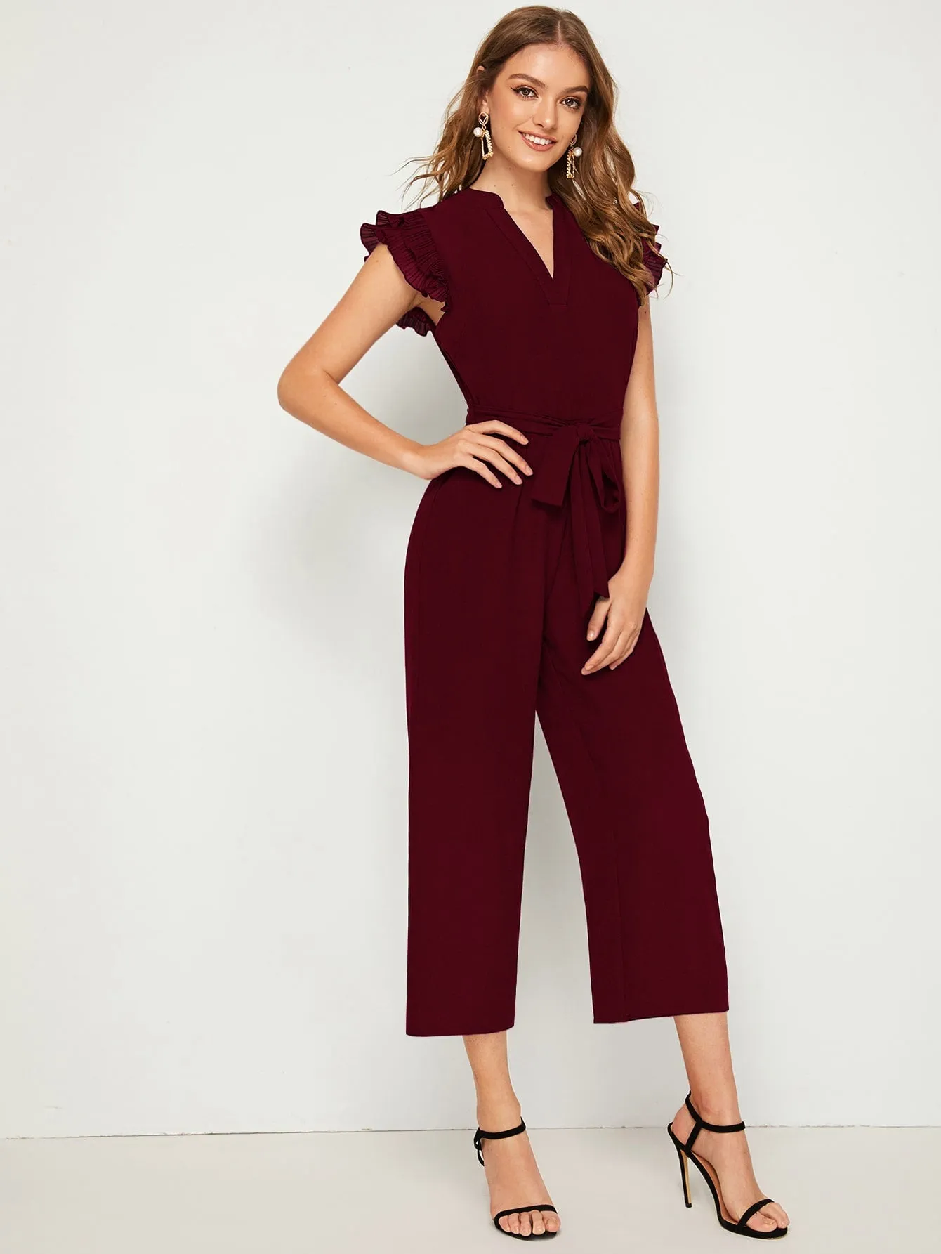 Elegant Plain Zipper Cap Sleeve Notched High Waist Capris Women Jumpsuit