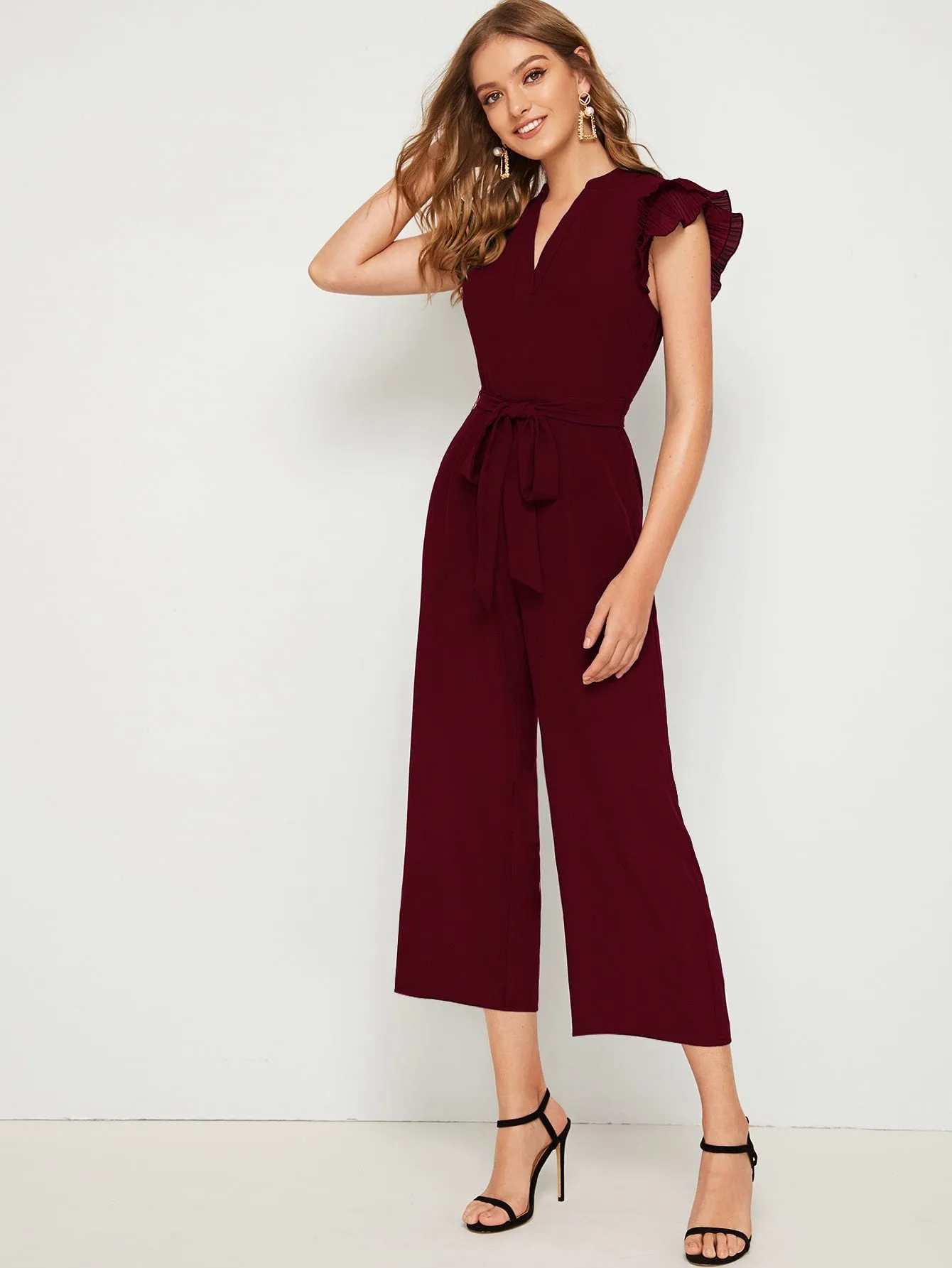 Elegant Plain Zipper Cap Sleeve Notched High Waist Capris Women Jumpsuit