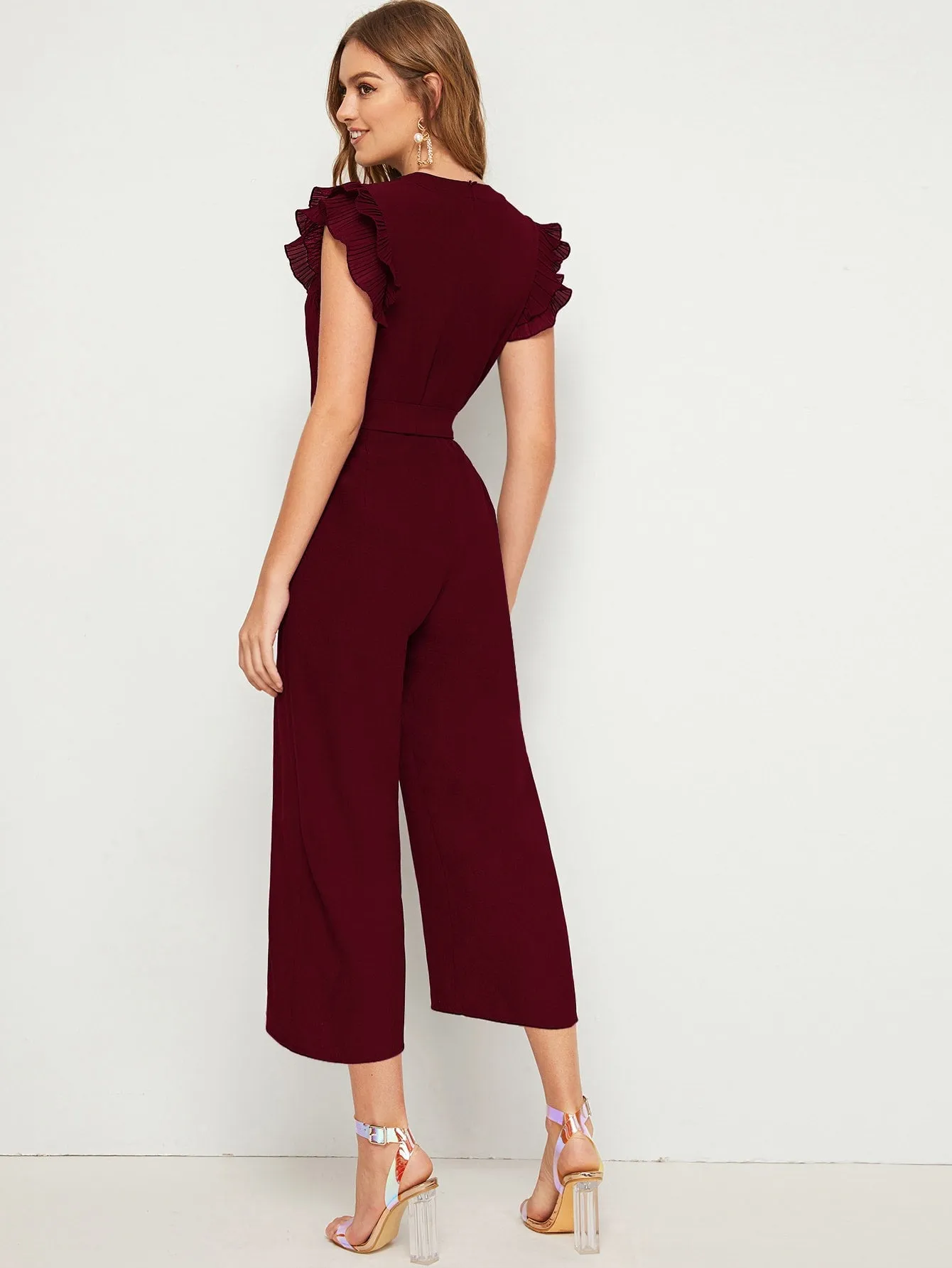 Elegant Plain Zipper Cap Sleeve Notched High Waist Capris Women Jumpsuit