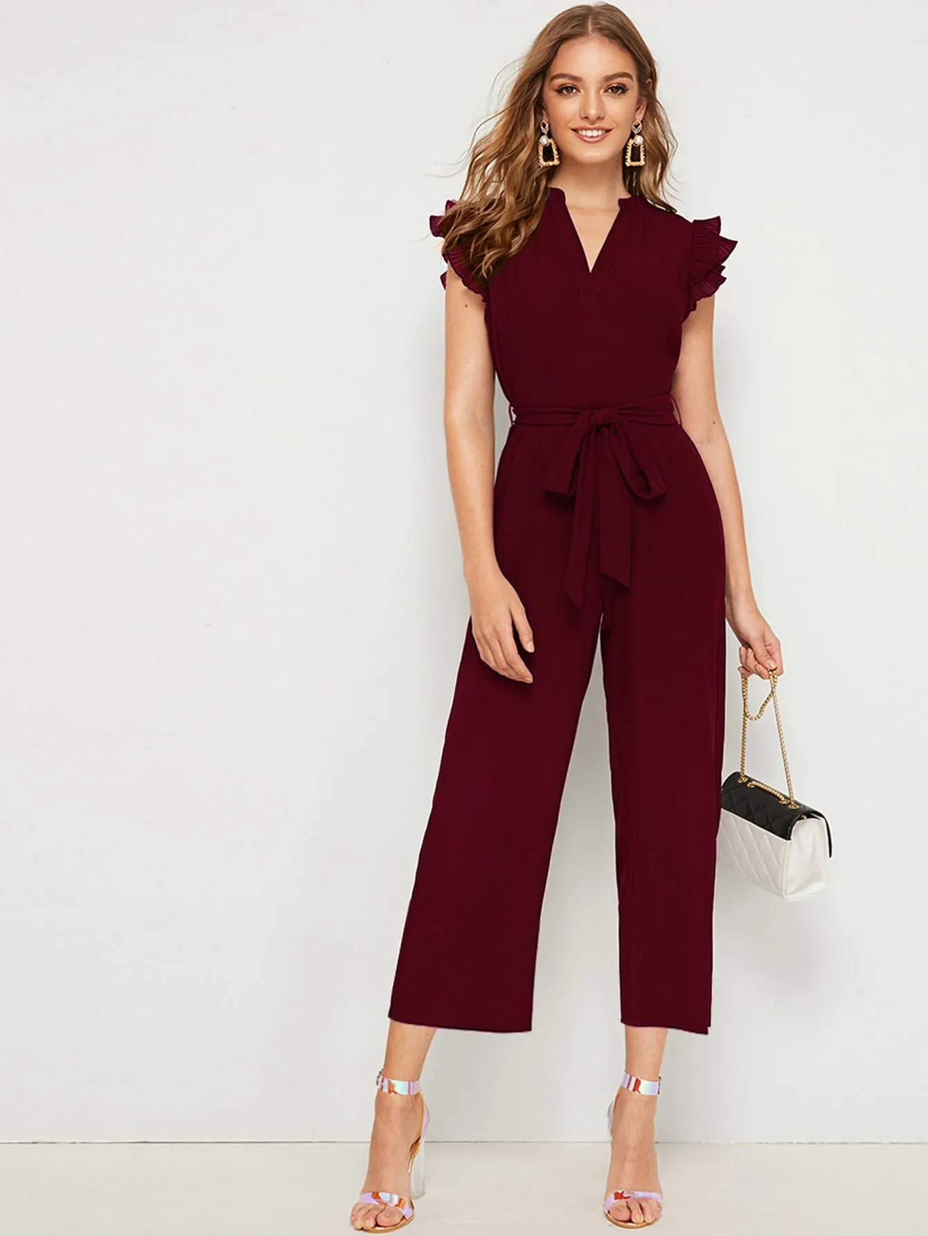 Elegant Plain Zipper Cap Sleeve Notched High Waist Capris Women Jumpsuit