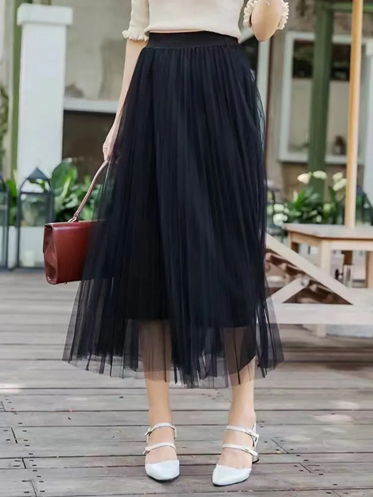 Elegant Women Tulle Skirt  Korean Fashion Mesh White A Line Ladies Pleated Skirt Summer Chic High Waist Black Party Faldas