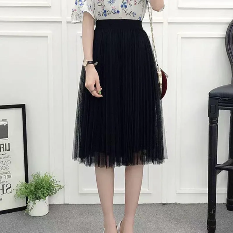 Elegant Women Tulle Skirt  Korean Fashion Mesh White A Line Ladies Pleated Skirt Summer Chic High Waist Black Party Faldas