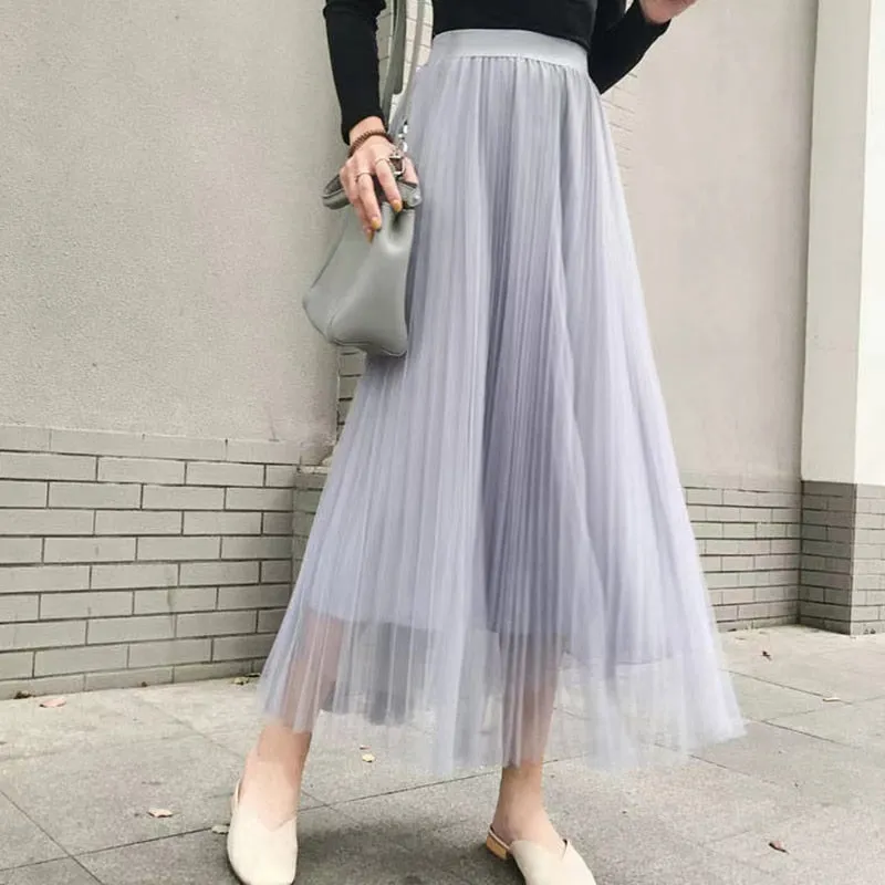 Elegant Women Tulle Skirt  Korean Fashion Mesh White A Line Ladies Pleated Skirt Summer Chic High Waist Black Party Faldas