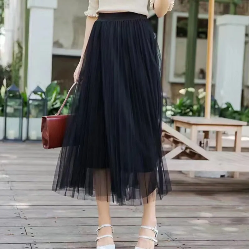 Elegant Women Tulle Skirt  Korean Fashion Mesh White A Line Ladies Pleated Skirt Summer Chic High Waist Black Party Faldas