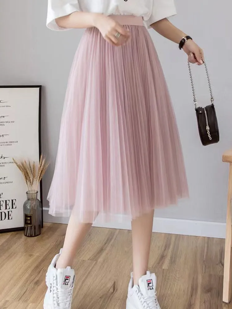 Elegant Women Tulle Skirt  Korean Fashion Mesh White A Line Ladies Pleated Skirt Summer Chic High Waist Black Party Faldas