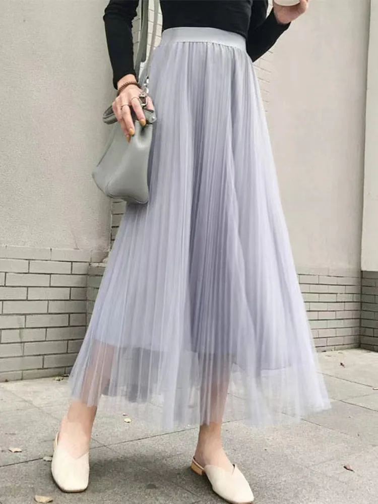 Elegant Women Tulle Skirt  Korean Fashion Mesh White A Line Ladies Pleated Skirt Summer Chic High Waist Black Party Faldas