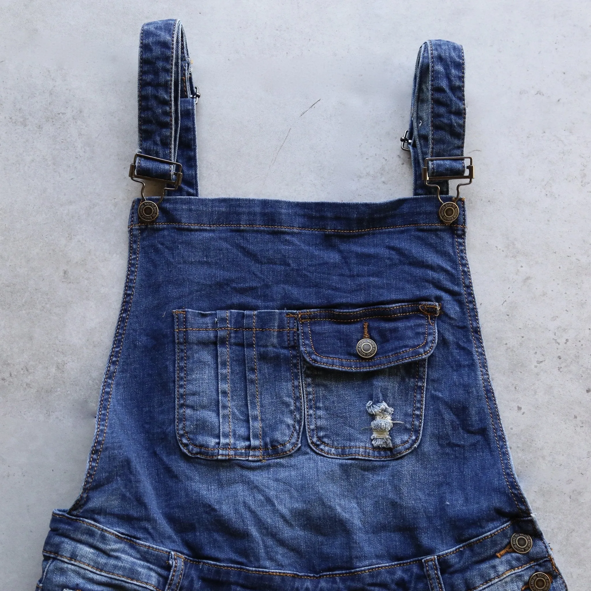 Final Sale - Distressed Denim Overall Shorts in Medium Wash