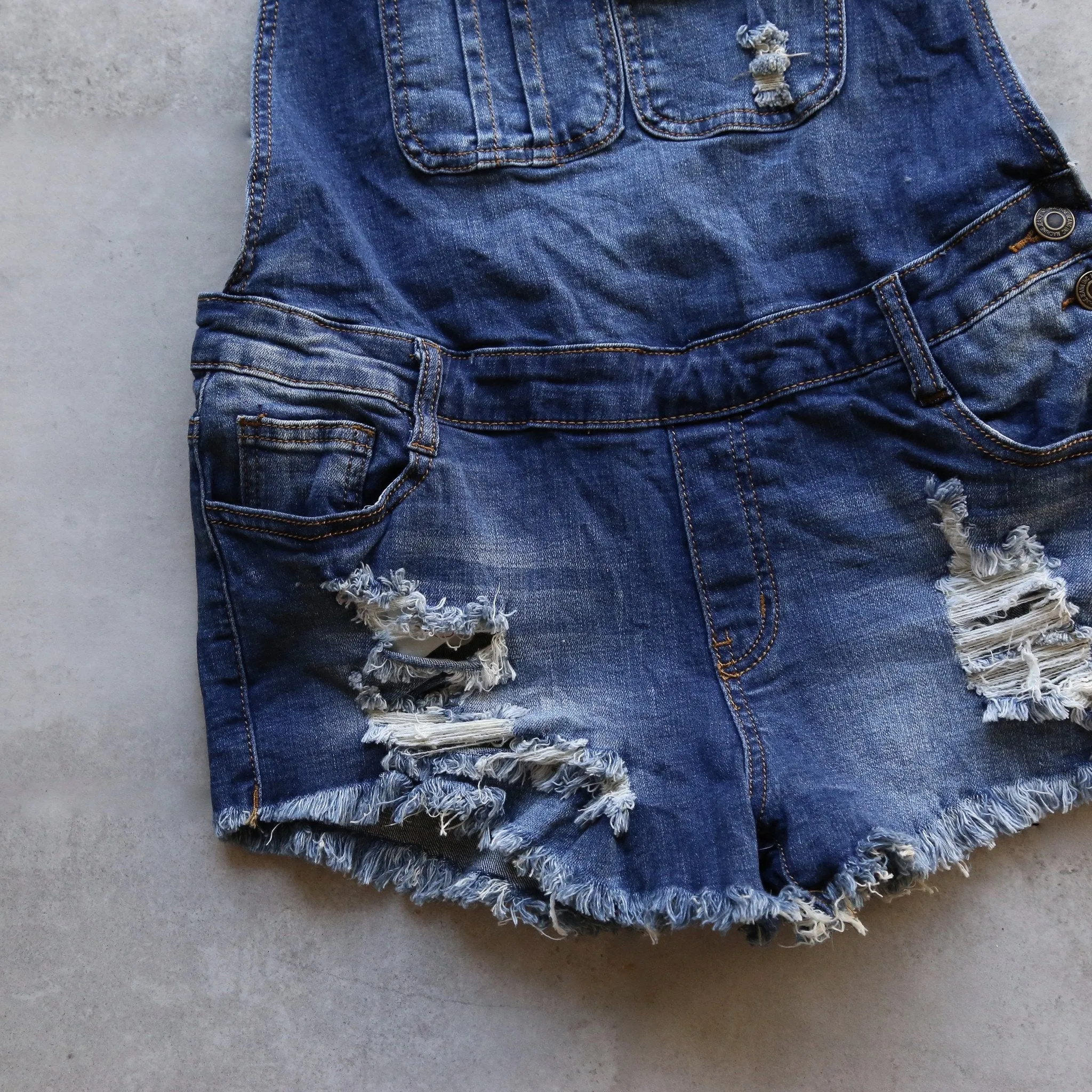 Final Sale - Distressed Denim Overall Shorts in Medium Wash