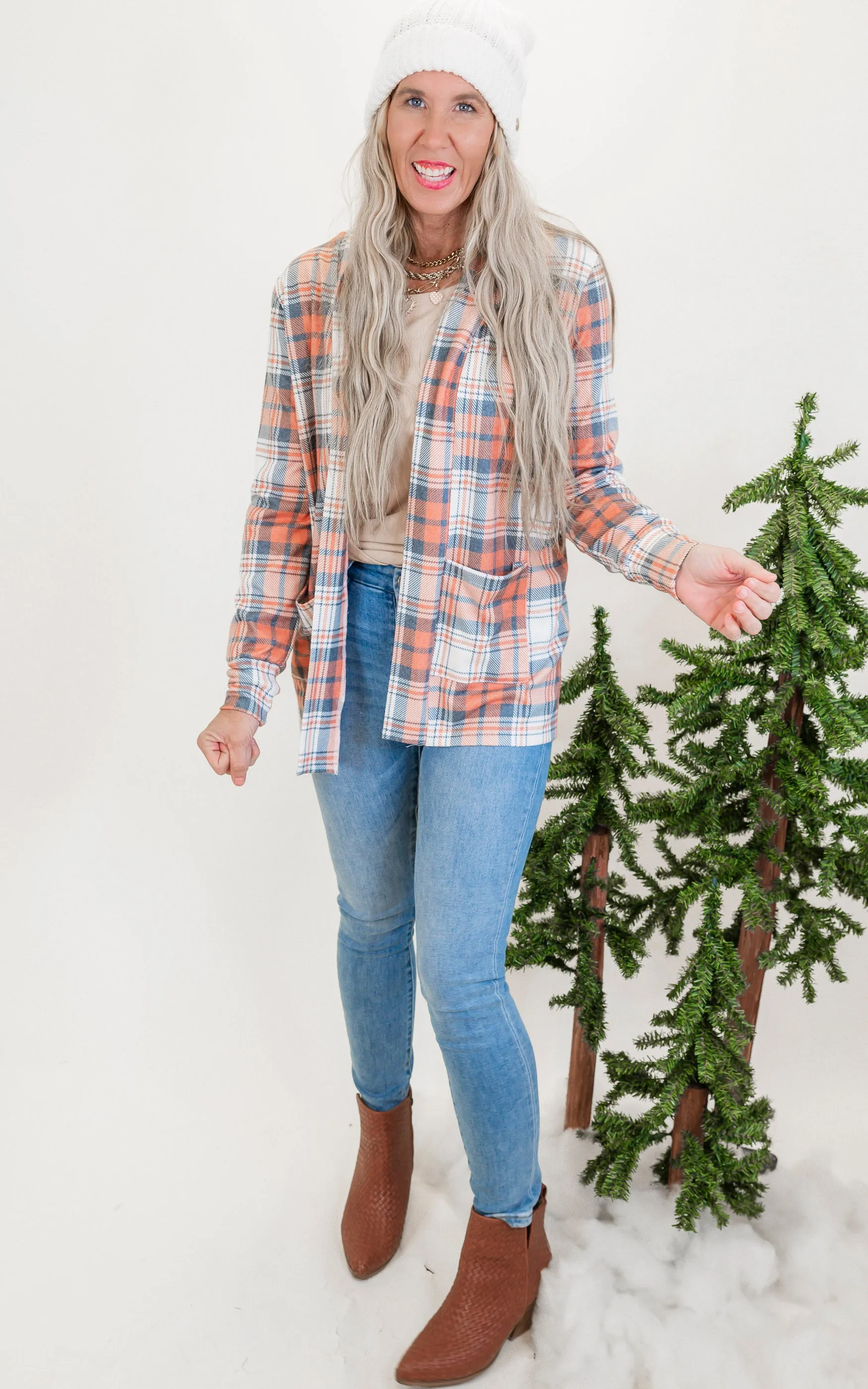 Forever Favorite Plaid Cardigan in Orange Blue Cream #4 | Salty Wave**Start Ship Date: Nov 29th**DEAL*