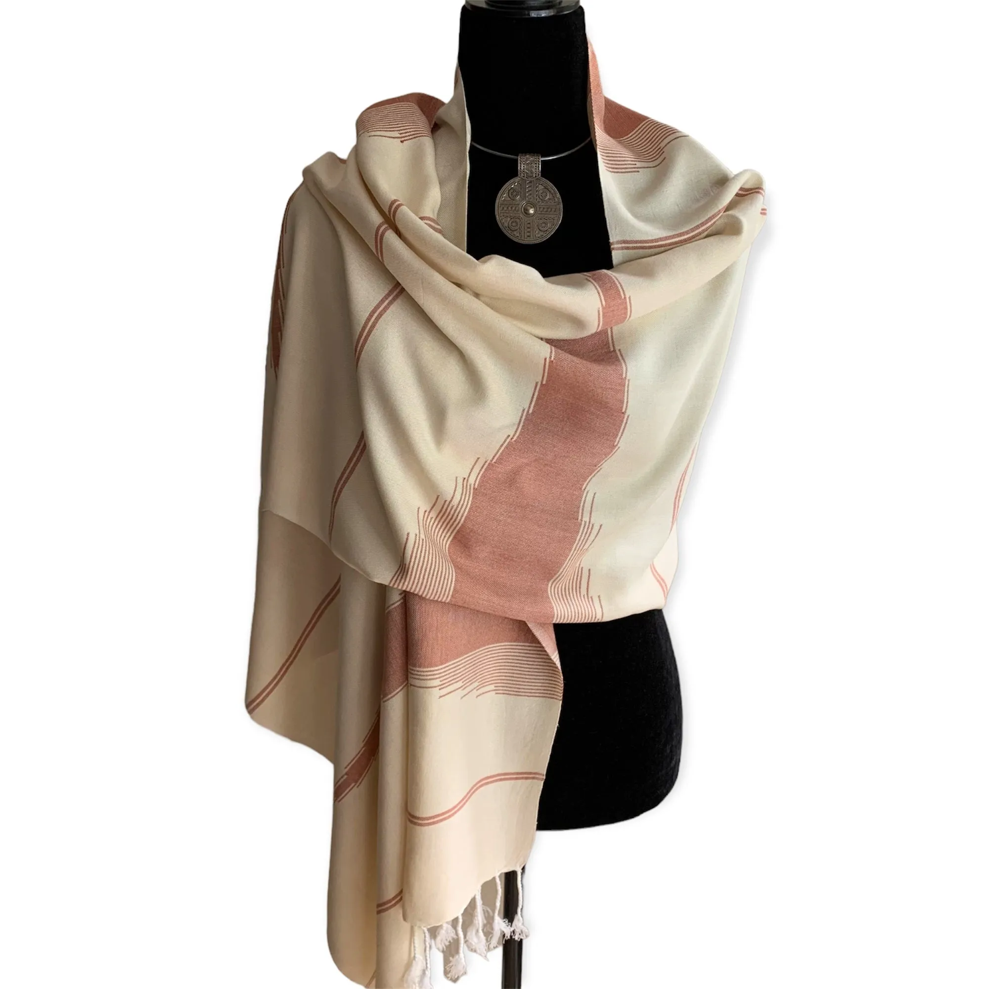 Geometric Handwoven Scarf - Beige & Burgundy