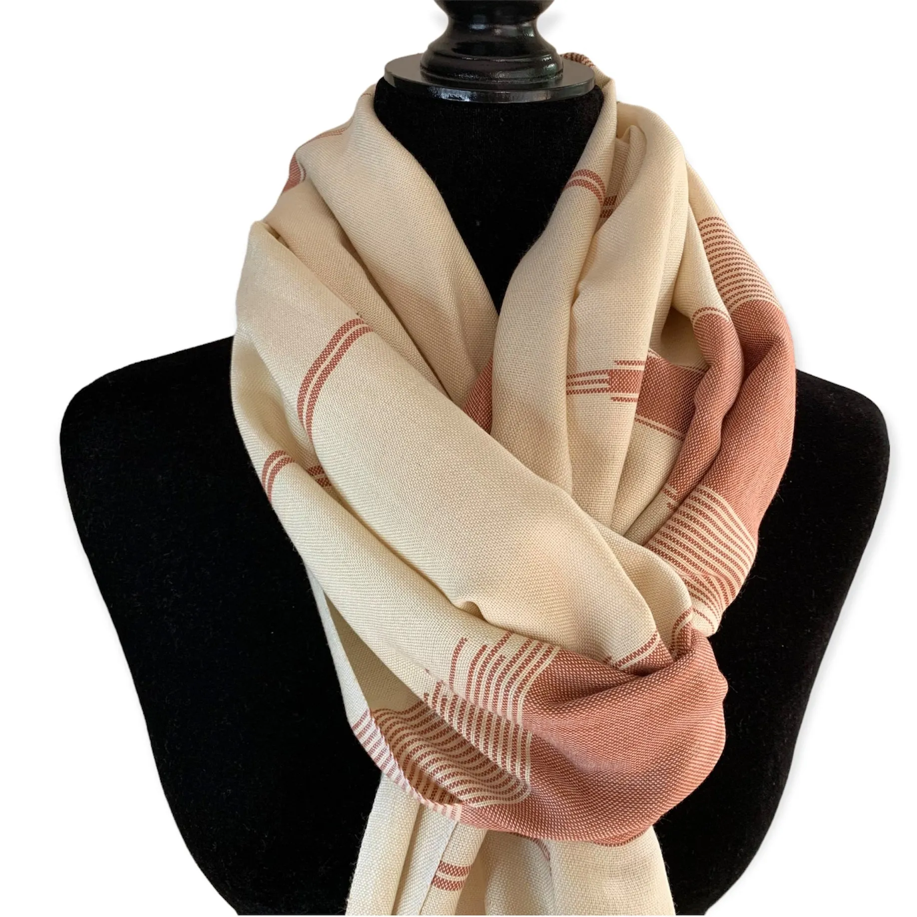 Geometric Handwoven Scarf - Beige & Burgundy