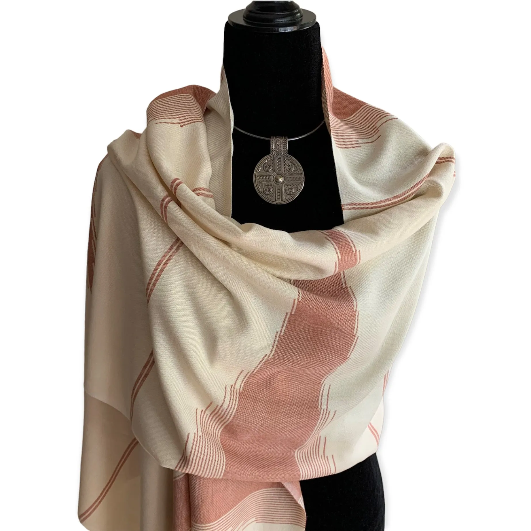 Geometric Handwoven Scarf - Beige & Burgundy