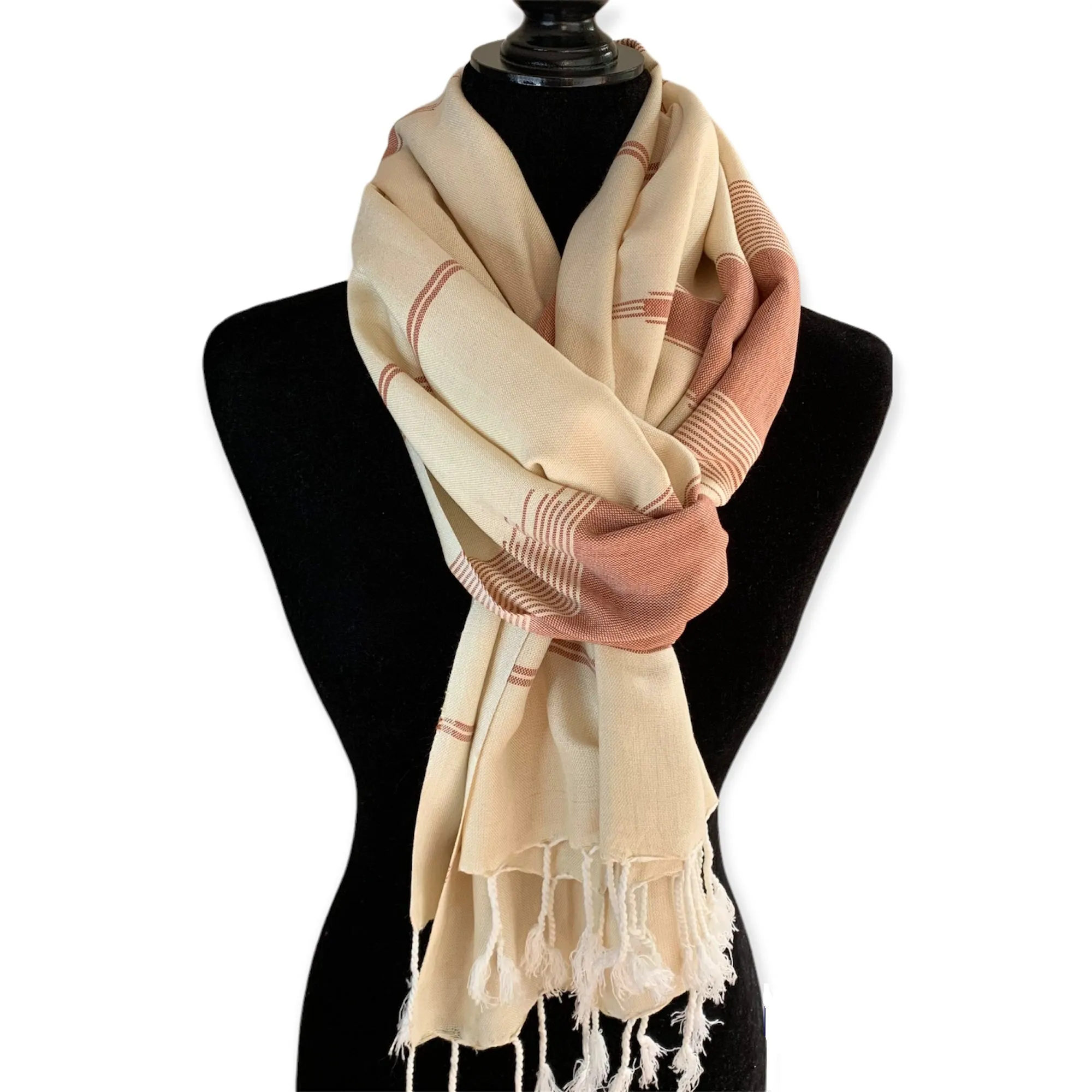 Geometric Handwoven Scarf - Beige & Burgundy