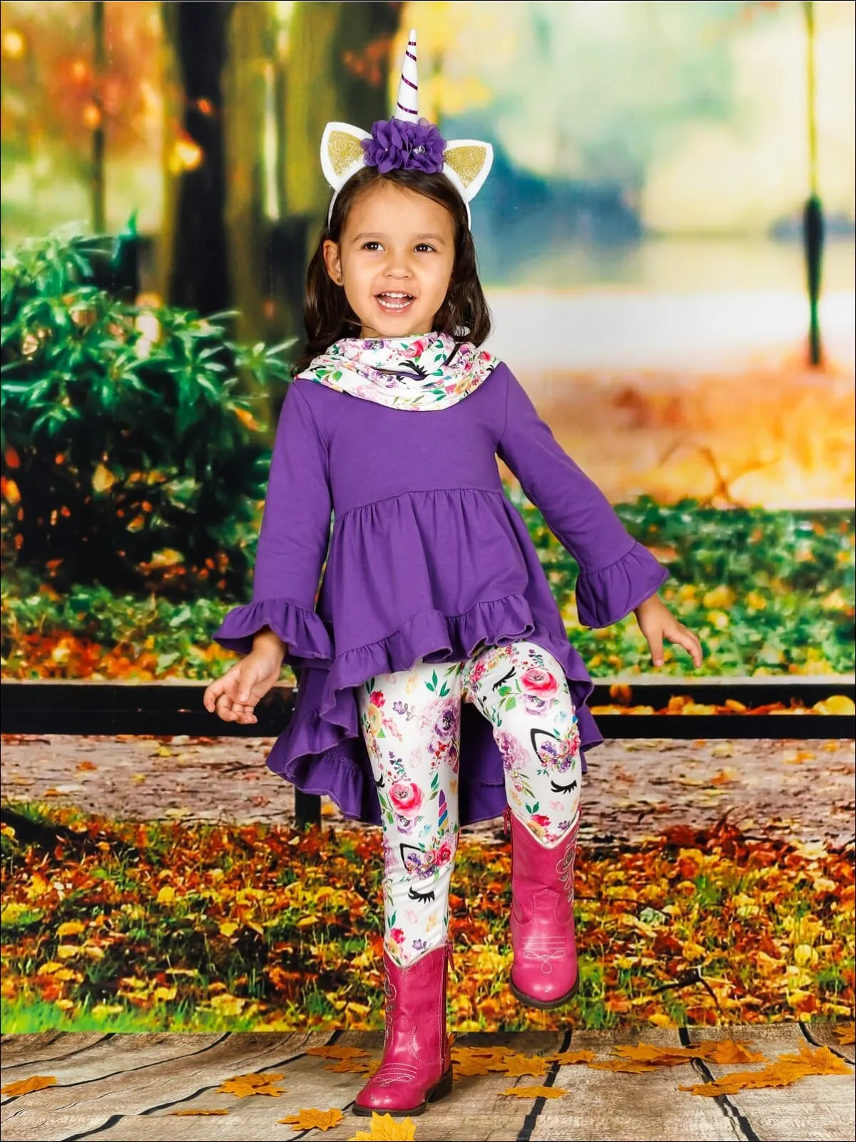 Girls Ruffled Long Sleeve Tunic, Floral Unicorn Print Leggings And Scarf Set