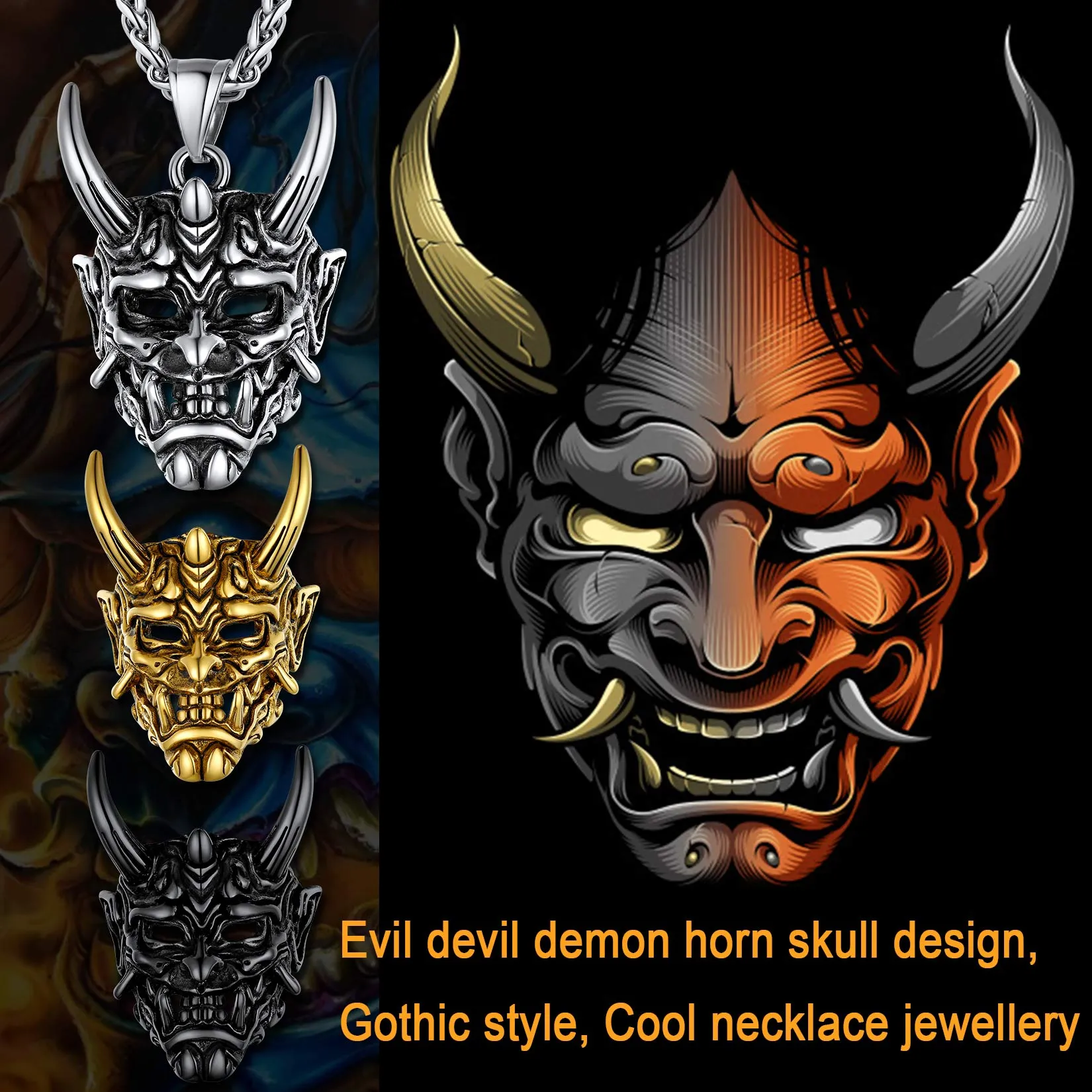 Gothic Evil Hannya Damon Mask Pendant Necklace for Men