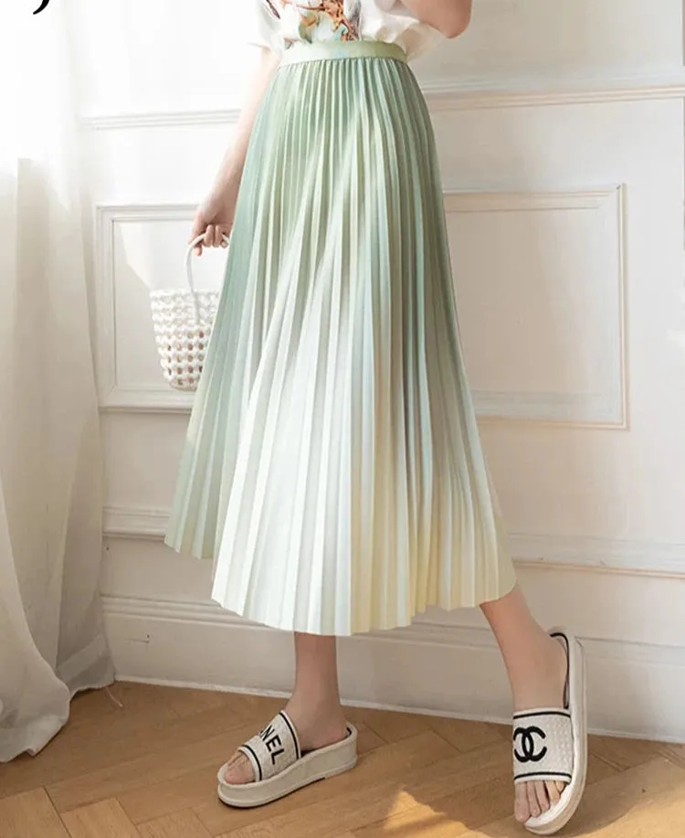 Gradient Color Skirt for Women Korean Version High Waist Thin Drape Pleated Skirt Elegant Medium Length A-Line Skirt