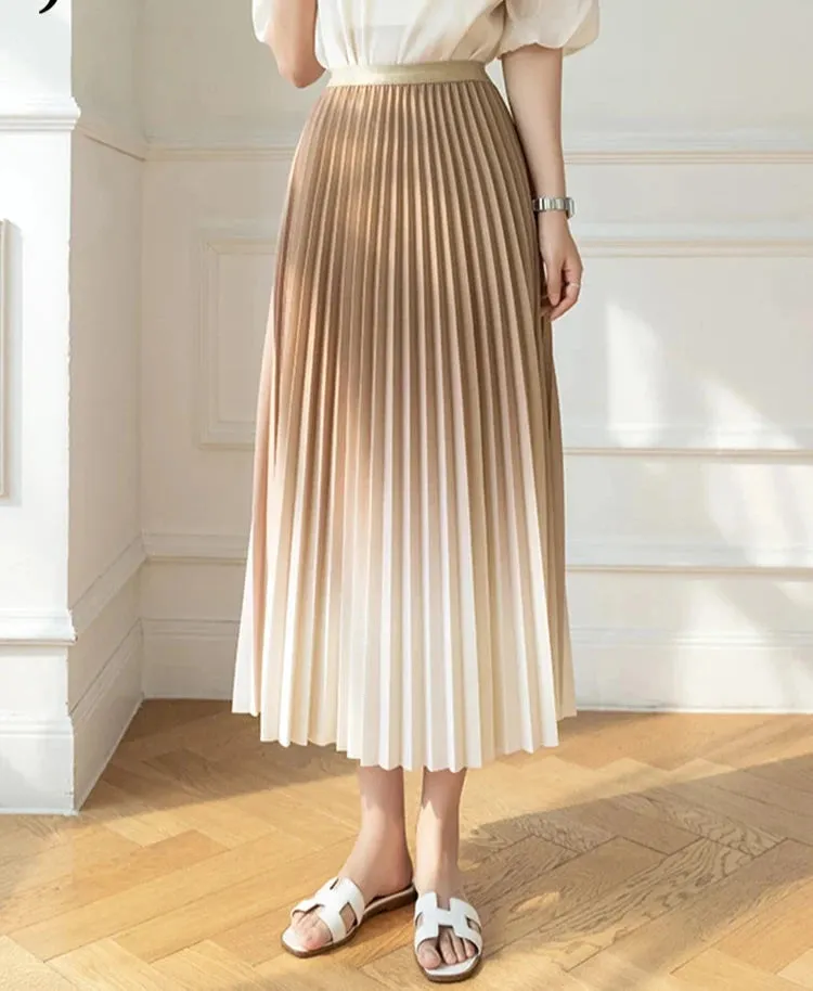 Gradient Color Skirt for Women Korean Version High Waist Thin Drape Pleated Skirt Elegant Medium Length A-Line Skirt