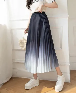 Gradient Color Skirt for Women Korean Version High Waist Thin Drape Pleated Skirt Elegant Medium Length A-Line Skirt