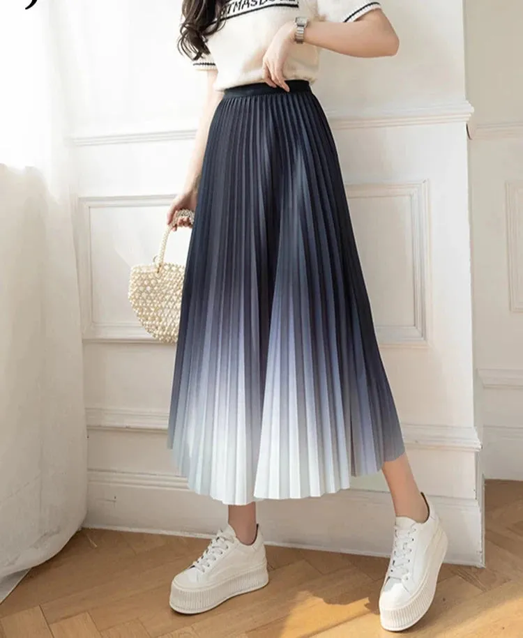 Gradient Color Skirt for Women Korean Version High Waist Thin Drape Pleated Skirt Elegant Medium Length A-Line Skirt