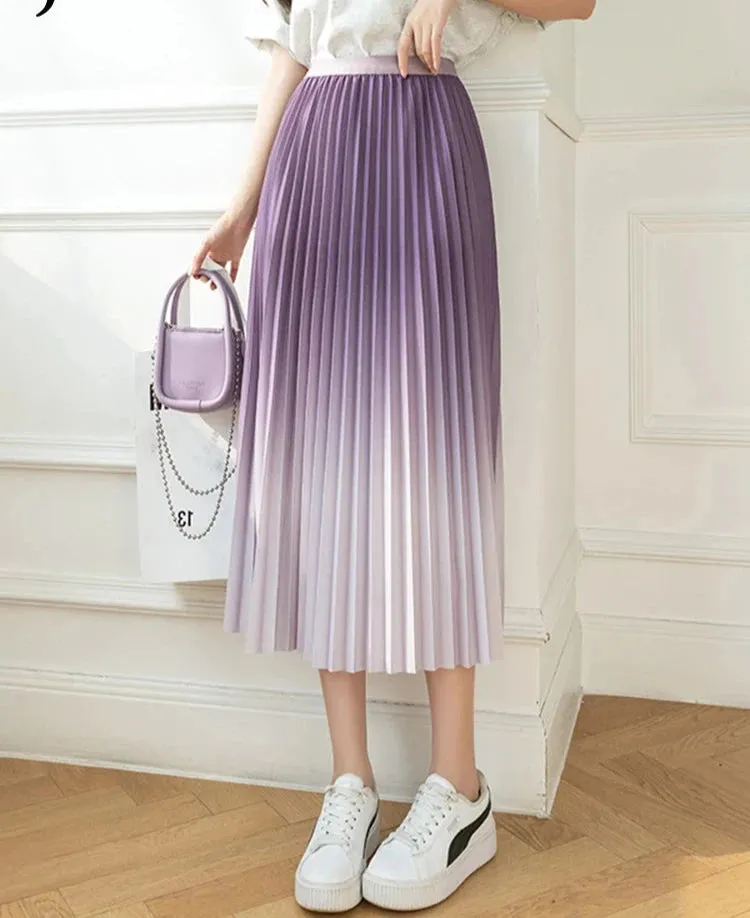 Gradient Color Skirt for Women Korean Version High Waist Thin Drape Pleated Skirt Elegant Medium Length A-Line Skirt