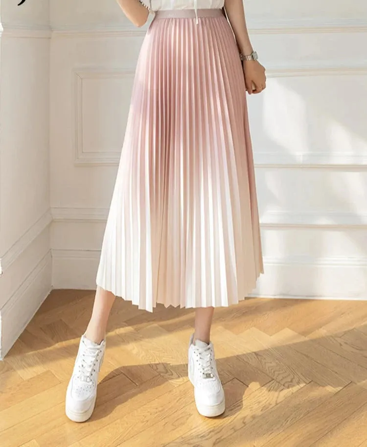 Gradient Color Skirt for Women Korean Version High Waist Thin Drape Pleated Skirt Elegant Medium Length A-Line Skirt