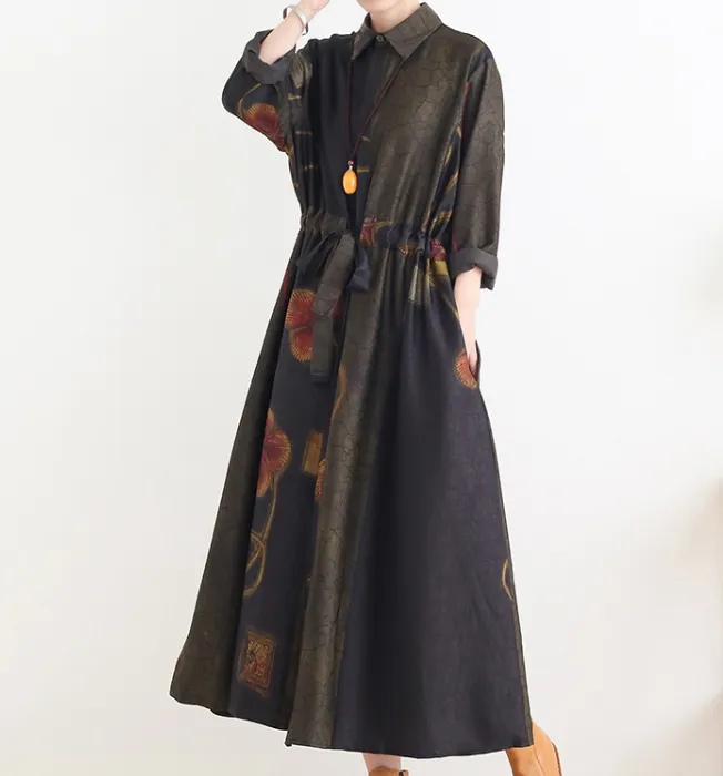 Green Loose Fall Floral Women Coat Long Sleeve Women Linen Trench Coat S90921