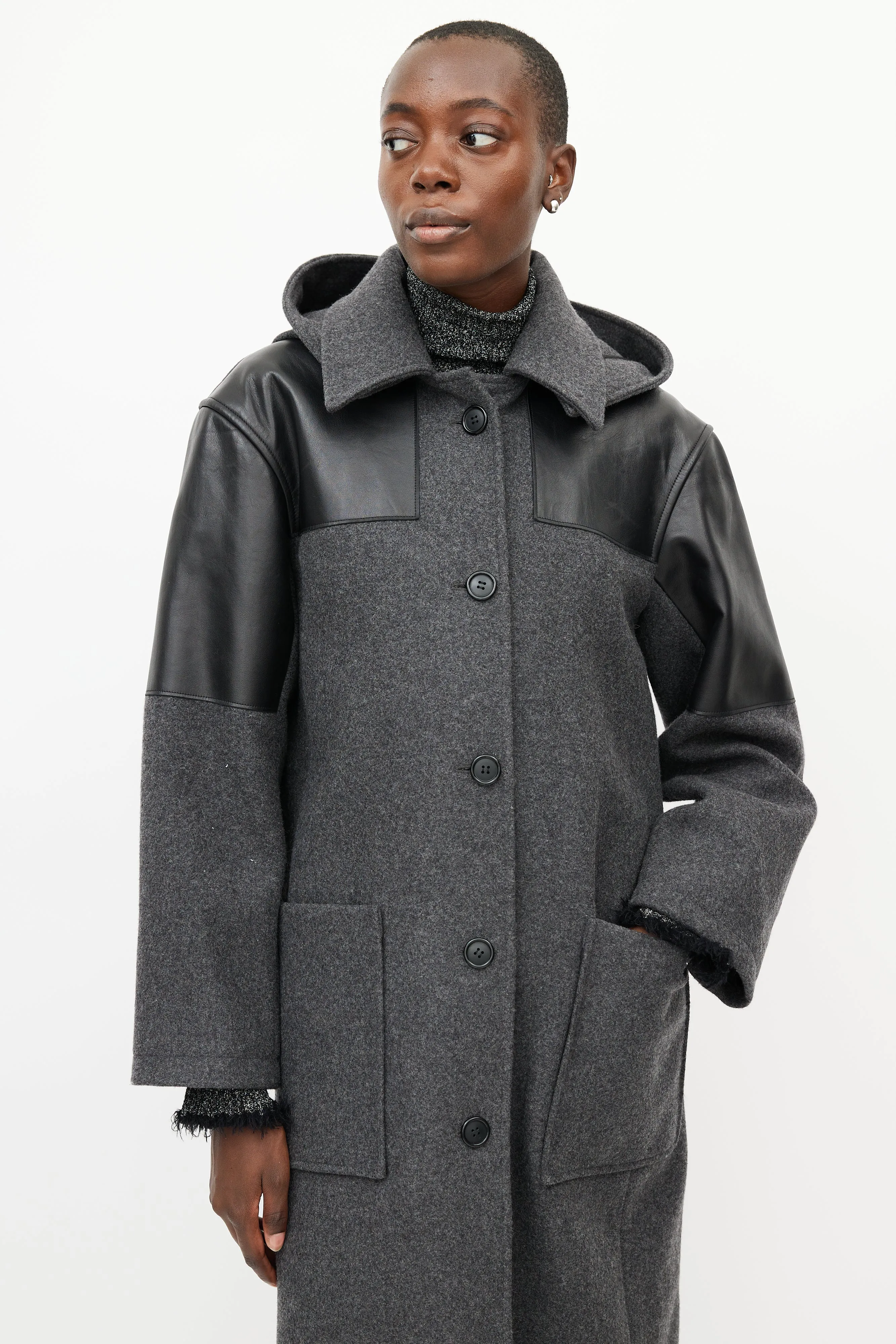 Grey & Black Hooded Wool Coat