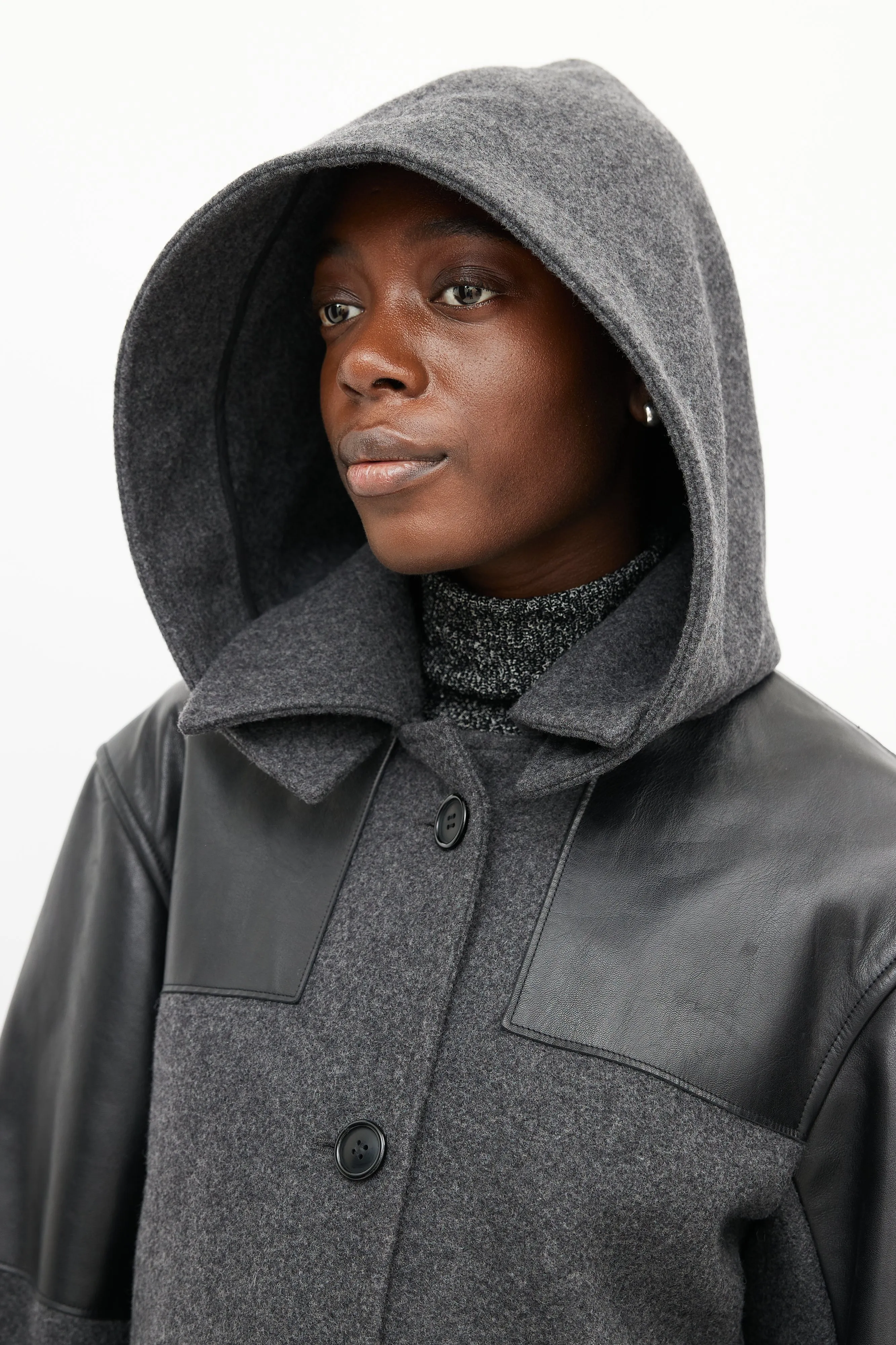 Grey & Black Hooded Wool Coat