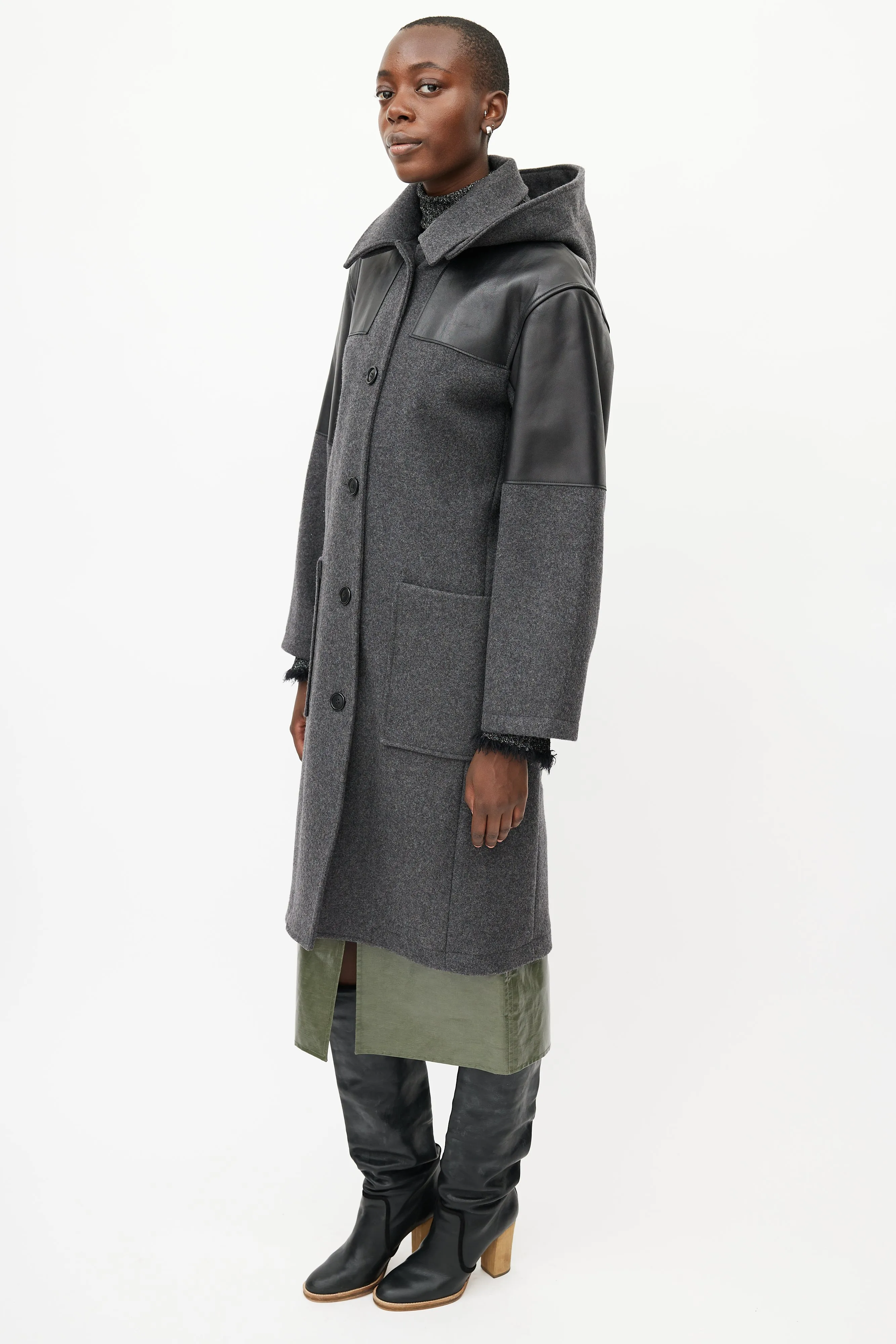 Grey & Black Hooded Wool Coat