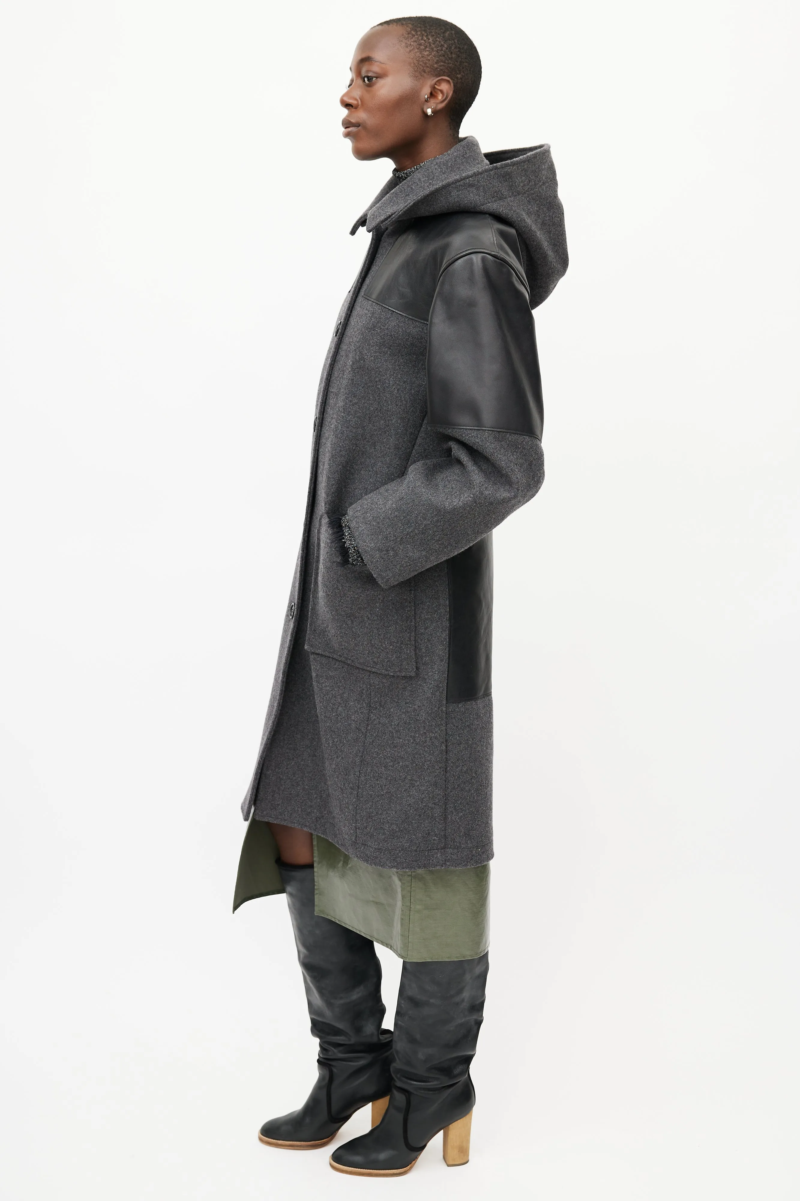 Grey & Black Hooded Wool Coat