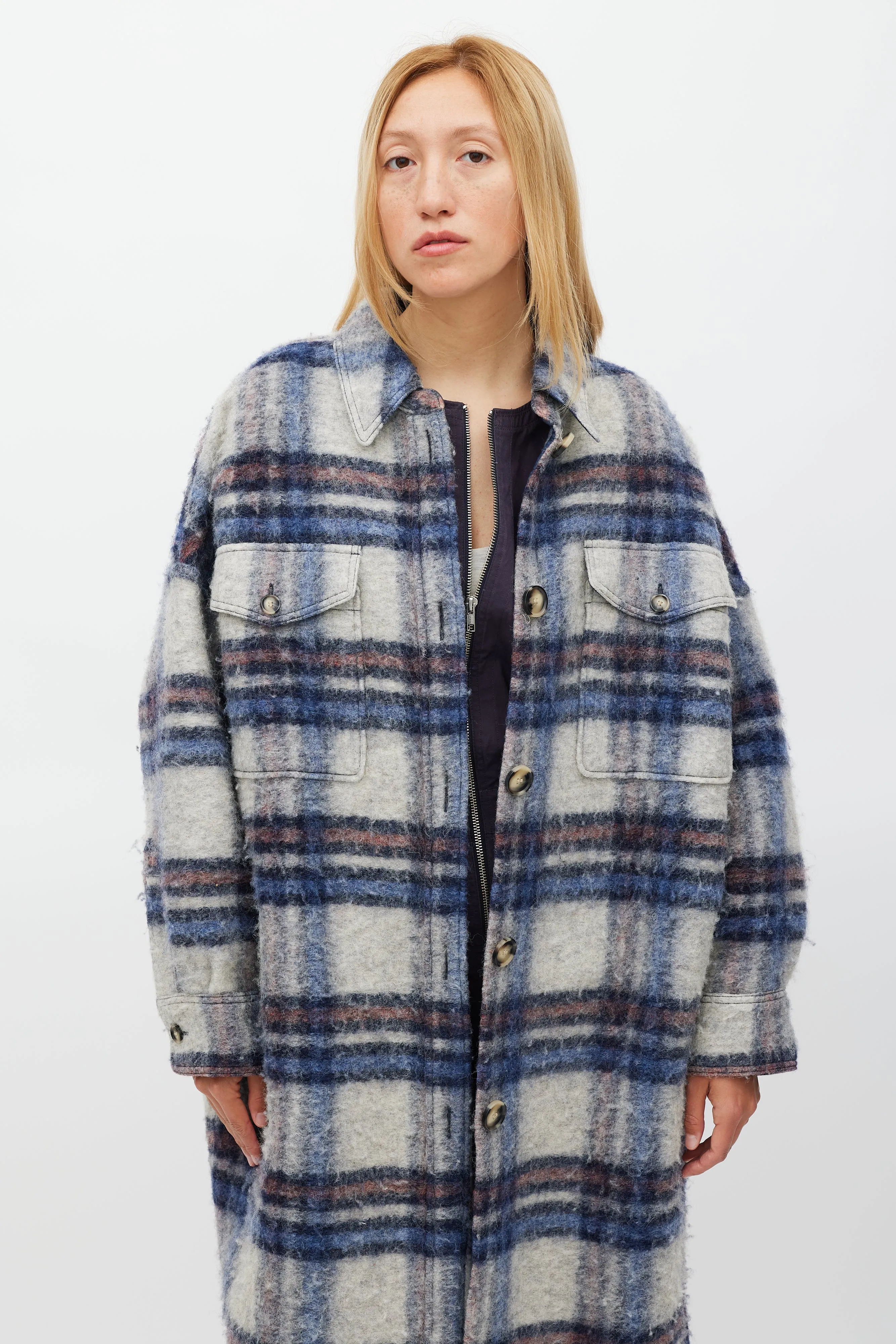 Grey & Blue Wool Gabrion Plaid Coat