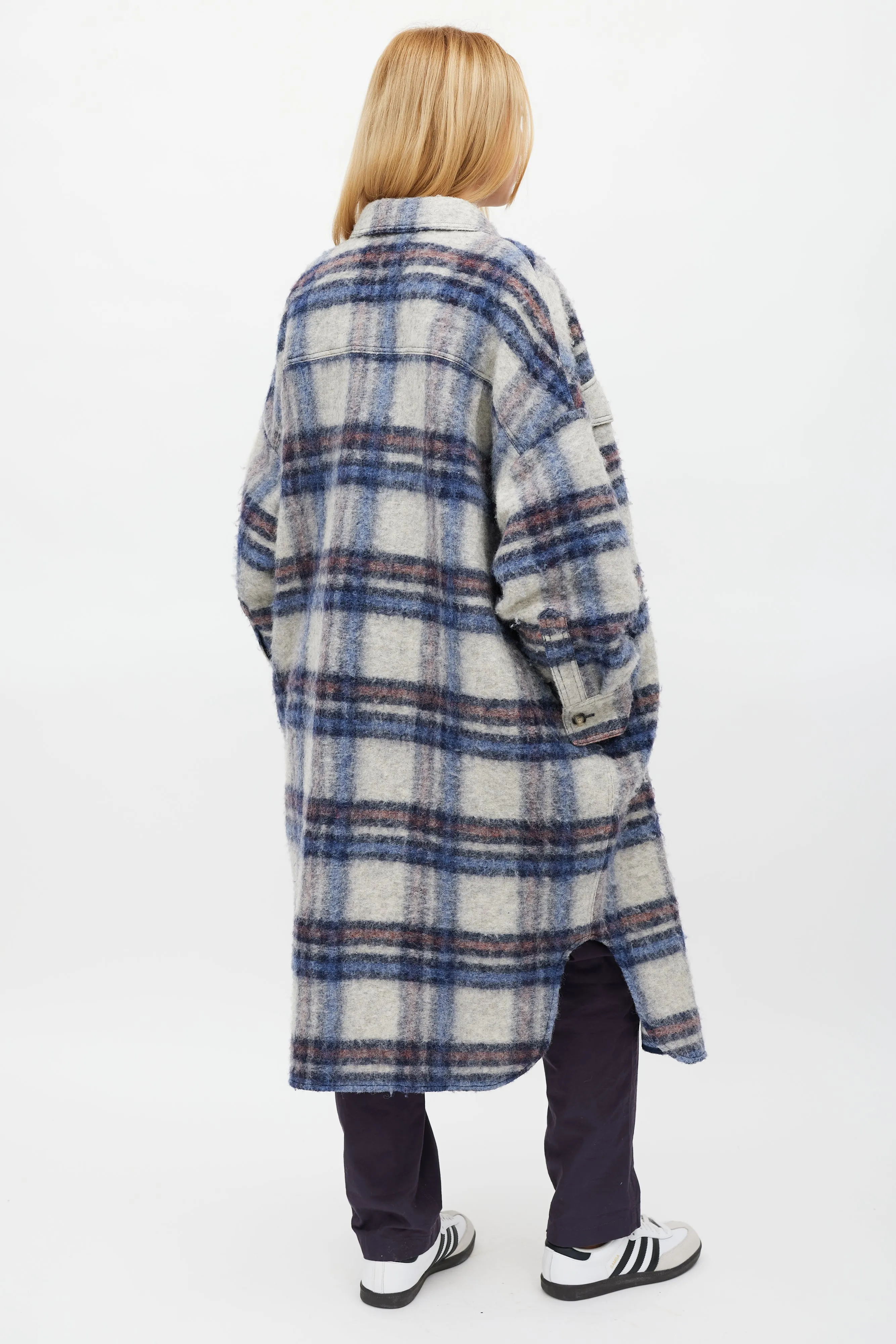 Grey & Blue Wool Gabrion Plaid Coat