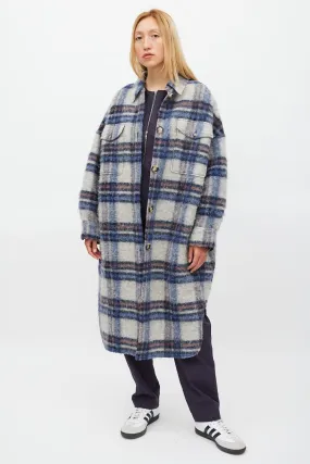 Grey & Blue Wool Gabrion Plaid Coat