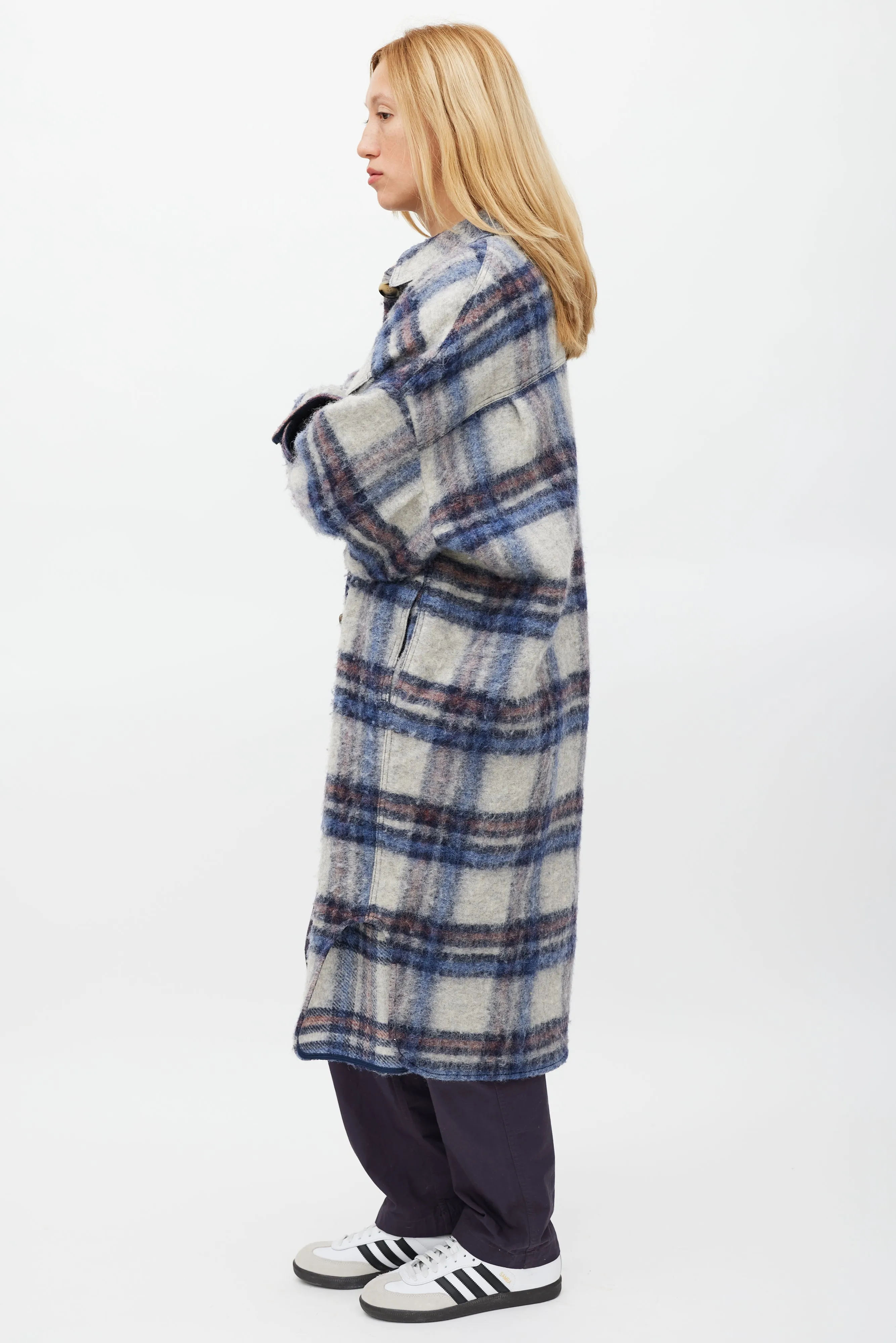 Grey & Blue Wool Gabrion Plaid Coat