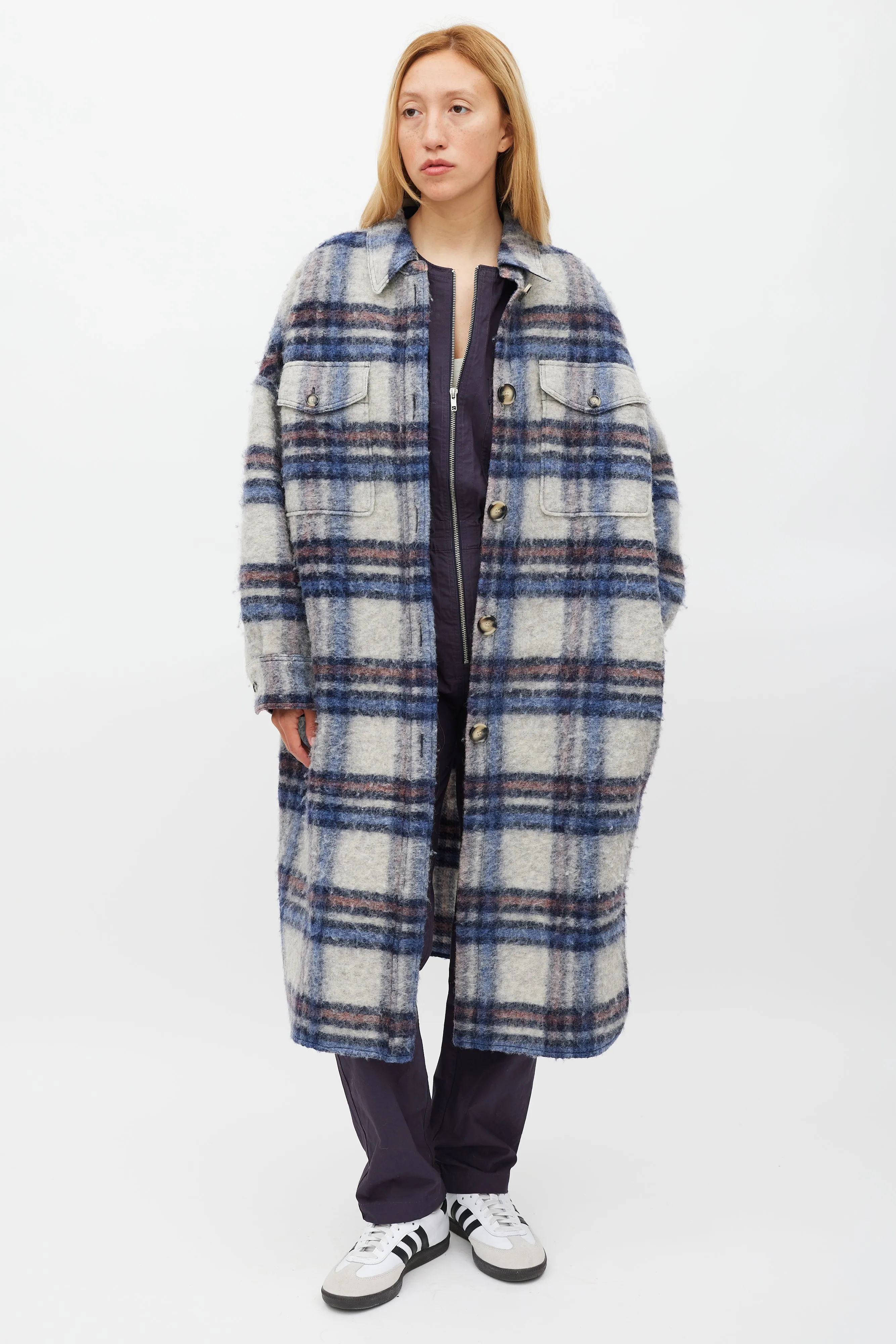 Grey & Blue Wool Gabrion Plaid Coat